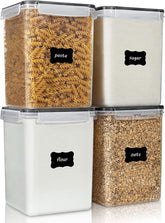 Large Food Storage Containers 5.2L / 176Oz, 4 Pieces BPA Free Plastic Airtight Food Storage Canisters for Flour, Sugar, Baking Supplies, with 4 Measuring Cups and 24 Labels, Black
