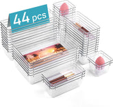 44 PCS Clear Plastic Drawer Organizers Set, 4-Size Versatile Bathroom and Vanity Organizer Trays, Non-Slip Storage Containers for Makeup, Jewelries, Bedroom,Kitchen Utensils and Office
