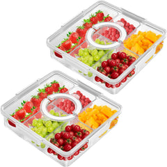2Pack Serving Trays for Party Divided Veggie Tray with Lid Sealed Sectioned Fruit Snack Serving Platter Vegetable Storage with 4 Compartments Snackle Box Charcuterie Container Fridge Organizer