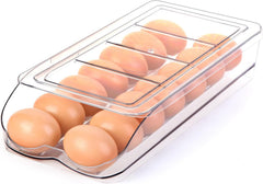 Egg Holder for Fridge, Automatic Rolling Egg Container for Refrigerator, Stackable Fridge Organizers and Storage with Lid, Clear Plastic Egg Dispenser & Tray (2 Tier)