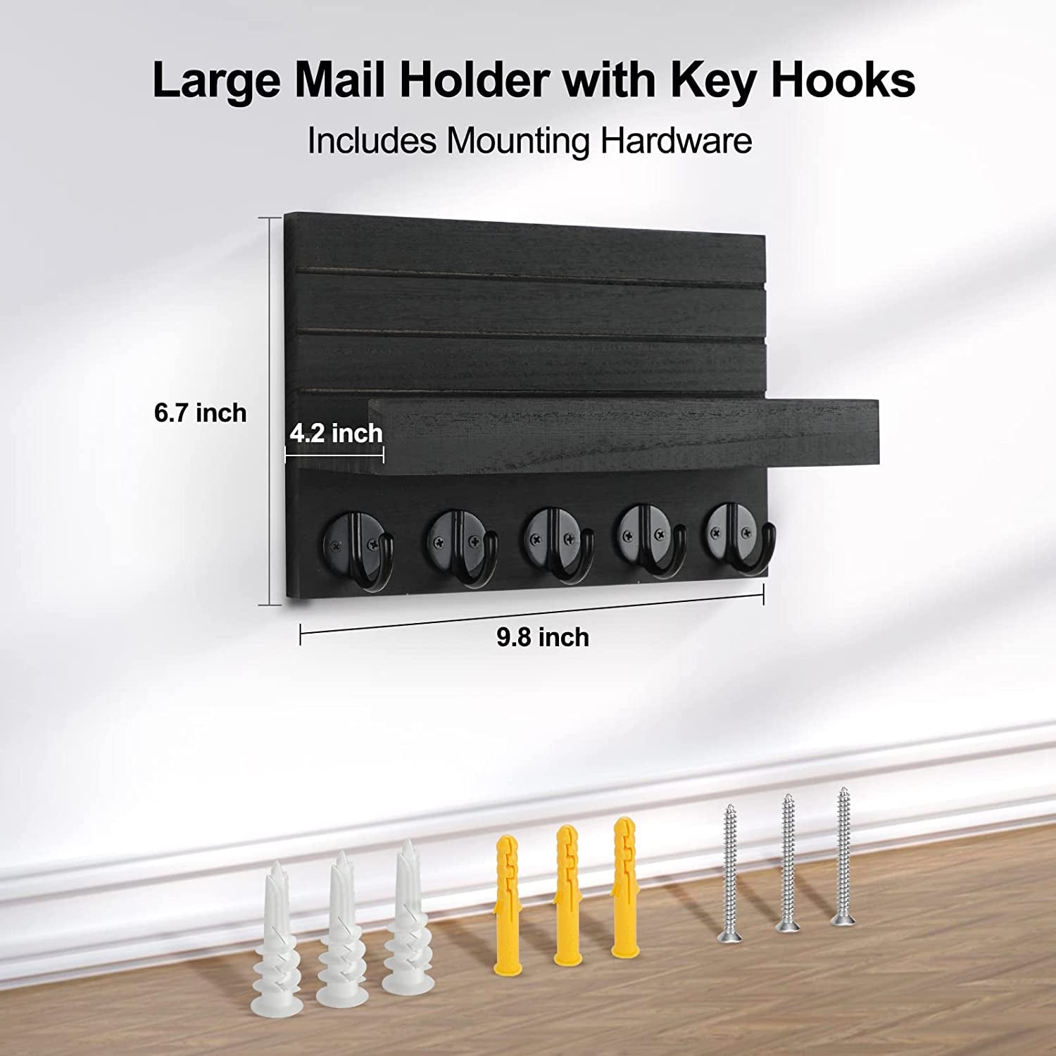 Key Holder for Wall, Decorative Key and Mail Holder with Shelf Has Large Key Hooks for Bags, Coats, Umbrella – Paulownia Wood Key Hanger with Mounting Hardware (9.8”W X 6.7”H X 4.2”D)
