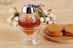Honey Dispenser No Drip Glass - Honey Container - Maple Glass Syrup Dispenser - Beautiful Honey Comb Shaped Honey Pot - Glass Honey Jar with Stand - Great Bee Decor - Honey Containers