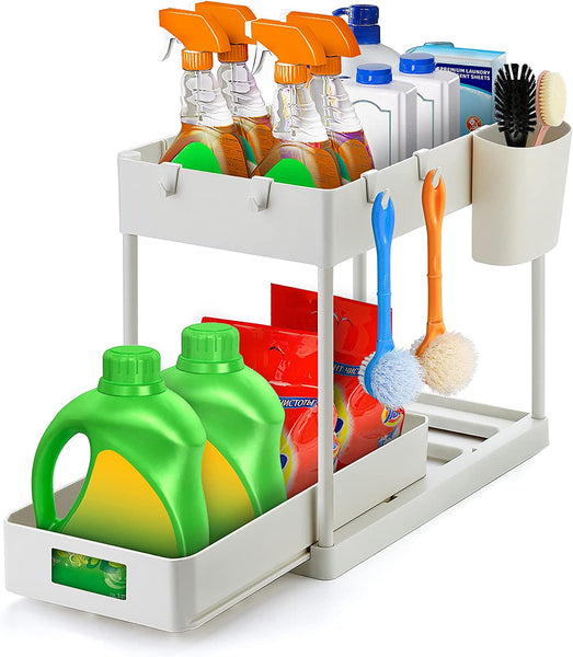 2 Pack Pull Out under Sink Organizer 2 Tier Multi Purpose for Bathroom Kitchen Sink Storage Organizer with Hook & Hanging Cup Matte Black Sliding Cabinet Organizer