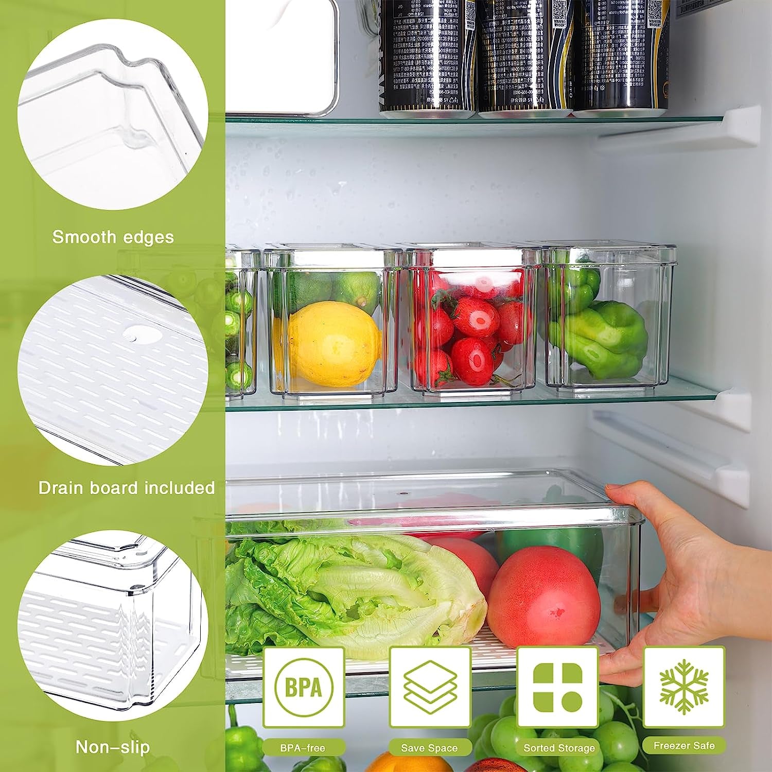 Fridge Organizer, 5Pcs, Clear Refrigerator Organizer with Lid, Bins Set, Stackable, Bpa-Free, Fruit Storage Containers, Plastic Pantry Organizer and Storage