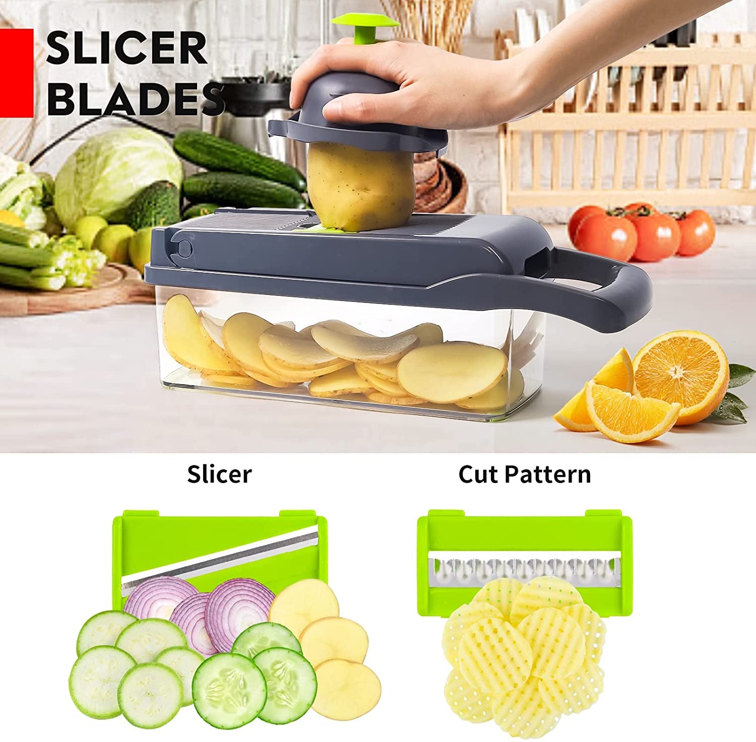Vegetable Chopper, Pro Onion Chopper, Multifunctional 13 in 1 Food Chopper, Kitchen Vegetable Slicer Dicer Cutter,Veggie Chopper with 8 Blades,Carrot and Garlic Chopper with Container (Gray)
