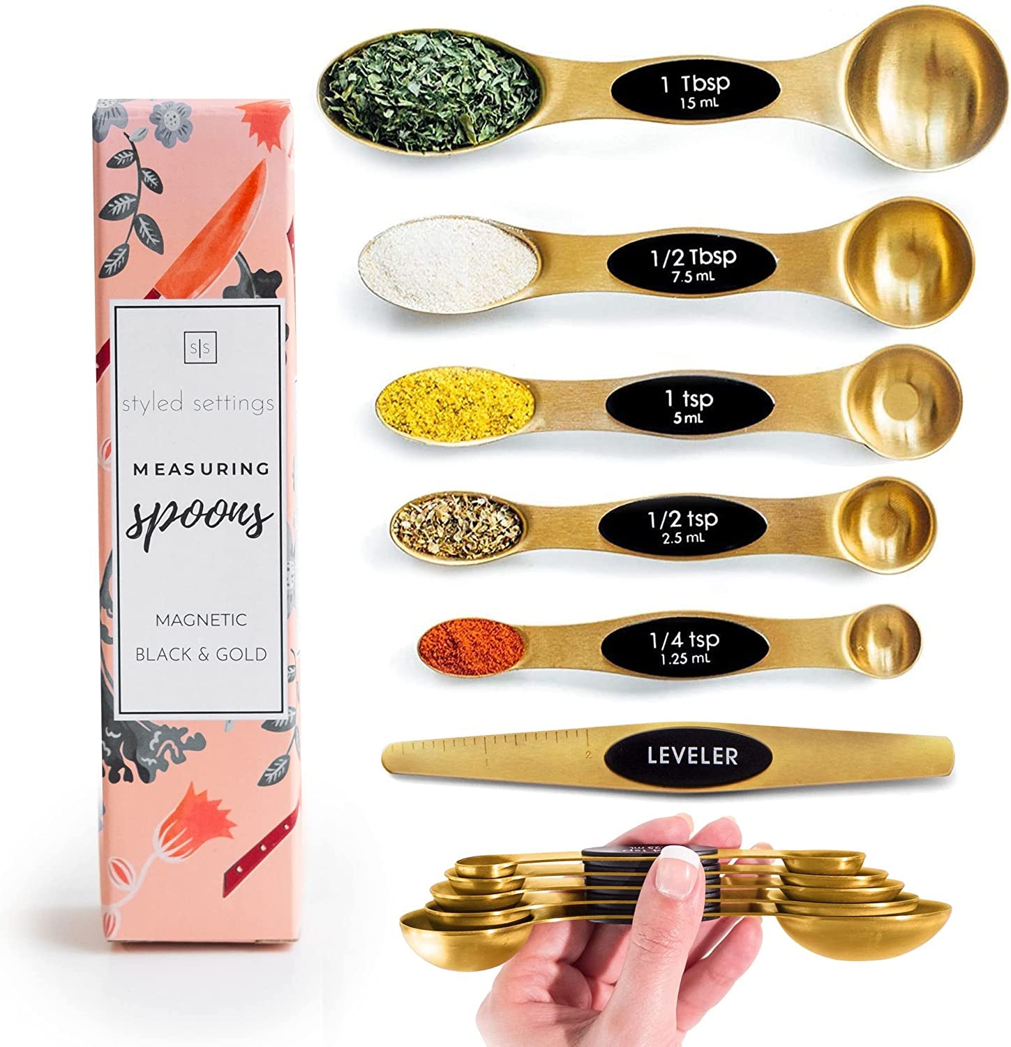 Magnetic Measuring Spoons Set - Stainless Steel Measuring Spoons - Magnetic Measuring Spoon Set, Gold Measuring Spoons Magnetic, Cute Measuring Spoons for Cooking & Baking - Metal Measuring Spoons