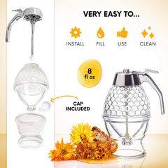 Honey Dispenser No Drip Glass - Honey Container - Maple Glass Syrup Dispenser - Beautiful Honey Comb Shaped Honey Pot - Glass Honey Jar with Stand - Great Bee Decor - Honey Containers