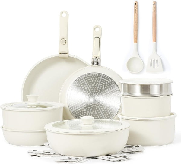 11Pcs Pots and Pans Set, Nonstick Cookware Sets Detachable Handle, Induction Kitchen Cookware Set Non Stick with Removable Handle, RV Cookware Set, Oven Safe, Cream White