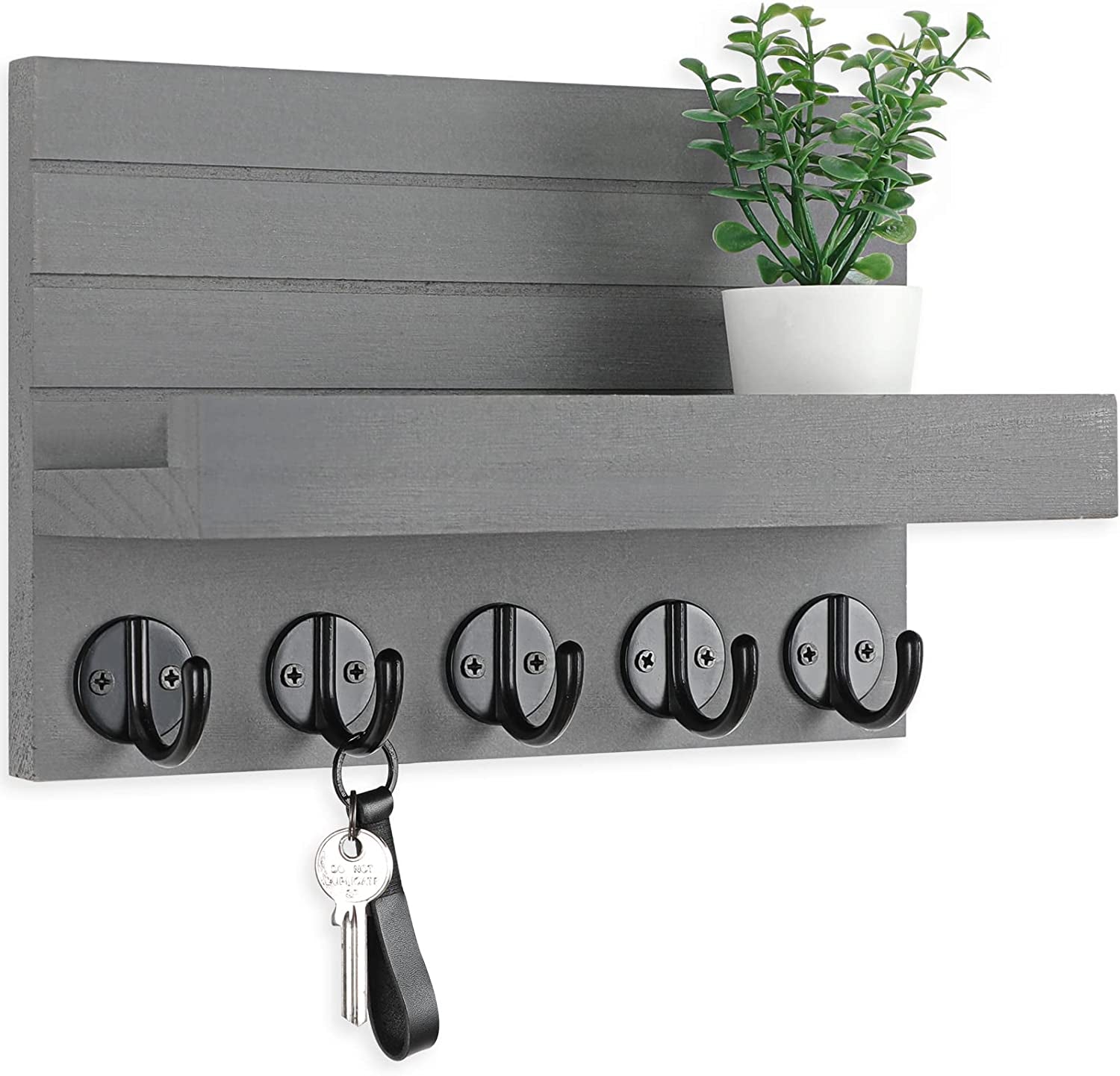 Key Holder for Wall, Decorative Key and Mail Holder with Shelf Has Large Key Hooks for Bags, Coats, Umbrella – Paulownia Wood Key Hanger with Mounting Hardware (9.8”W X 6.7”H X 4.2”D)