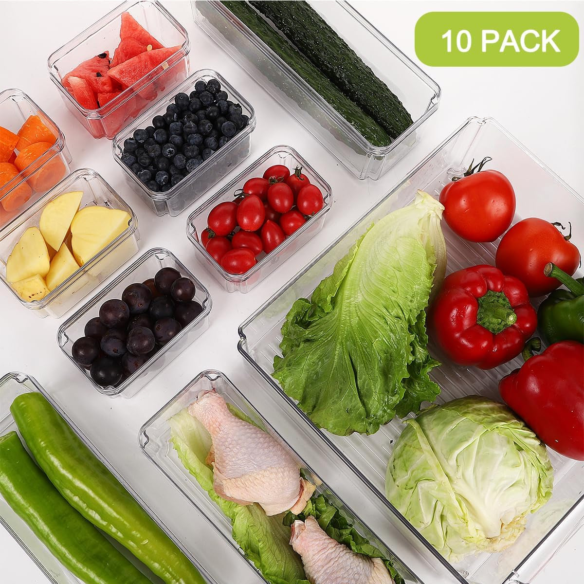 Refrigerator Organizer Bins with Lids, 10 Pack Stackable Fridge Organization, Clear Plastic Pantry Food Storage Bins, Vegetable Fruit Storage Containers for Kitchen, Cabinets, Fridge