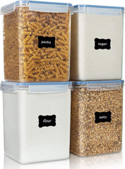 Large Food Storage Containers 5.2L / 176Oz,  4 Pieces BPA Free Plastic Airtight Food Storage Canisters for Flour, Sugar, Baking Supplies, with 4 Measuring Cups and 24 Labels, Black
