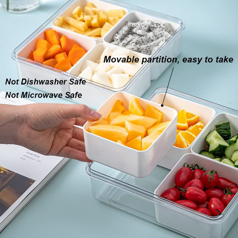 2Pack Serving Trays for Party Divided Veggie Tray with Lid Sealed Sectioned Fruit Snack Serving Platter Vegetable Storage with 4 Compartments Snackle Box Charcuterie Container Fridge Organizer