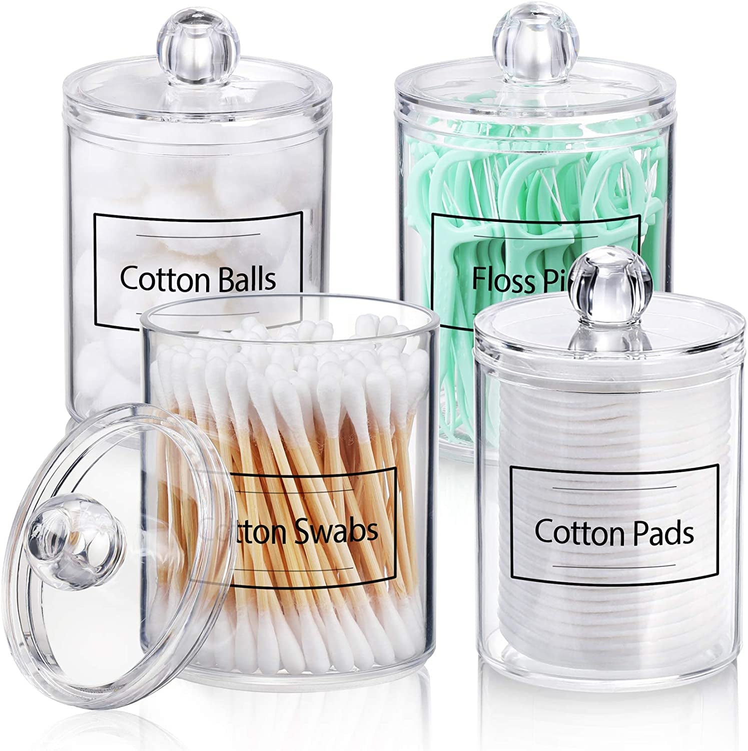 4 PACK Qtip Holder Dispenser for Cotton Ball, Cotton Swab, Cotton round Pads, Floss Picks - 10 Oz Clear Plastic Apothecary Jar Set for Bathroom Canister Storage Organization, Vanity Makeup Organizer