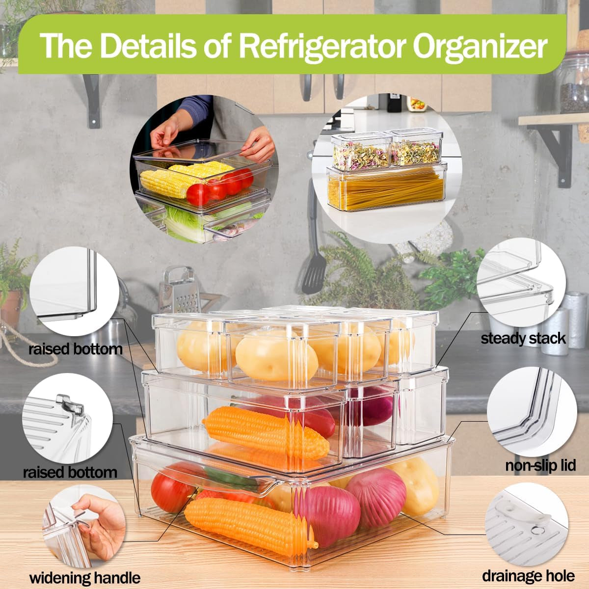 Refrigerator Organizer Bins with Lids, 10 Pack Stackable Fridge Organization, Clear Plastic Pantry Food Storage Bins, Vegetable Fruit Storage Containers for Kitchen, Cabinets, Fridge