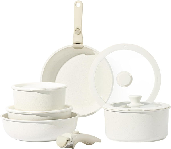 11Pcs Pots and Pans Set, Nonstick Cookware Sets Detachable Handle, Induction Kitchen Cookware Set Non Stick with Removable Handle, RV Cookware Set, Oven Safe, Cream White