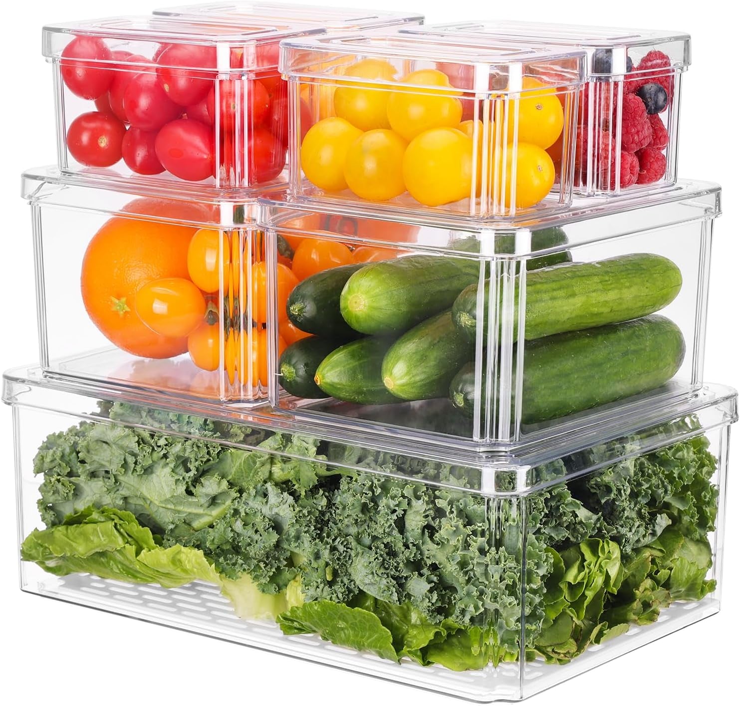 Fridge Organizer, 5Pcs, Clear Refrigerator Organizer with Lid, Bins Set, Stackable, Bpa-Free, Fruit Storage Containers, Plastic Pantry Organizer and Storage