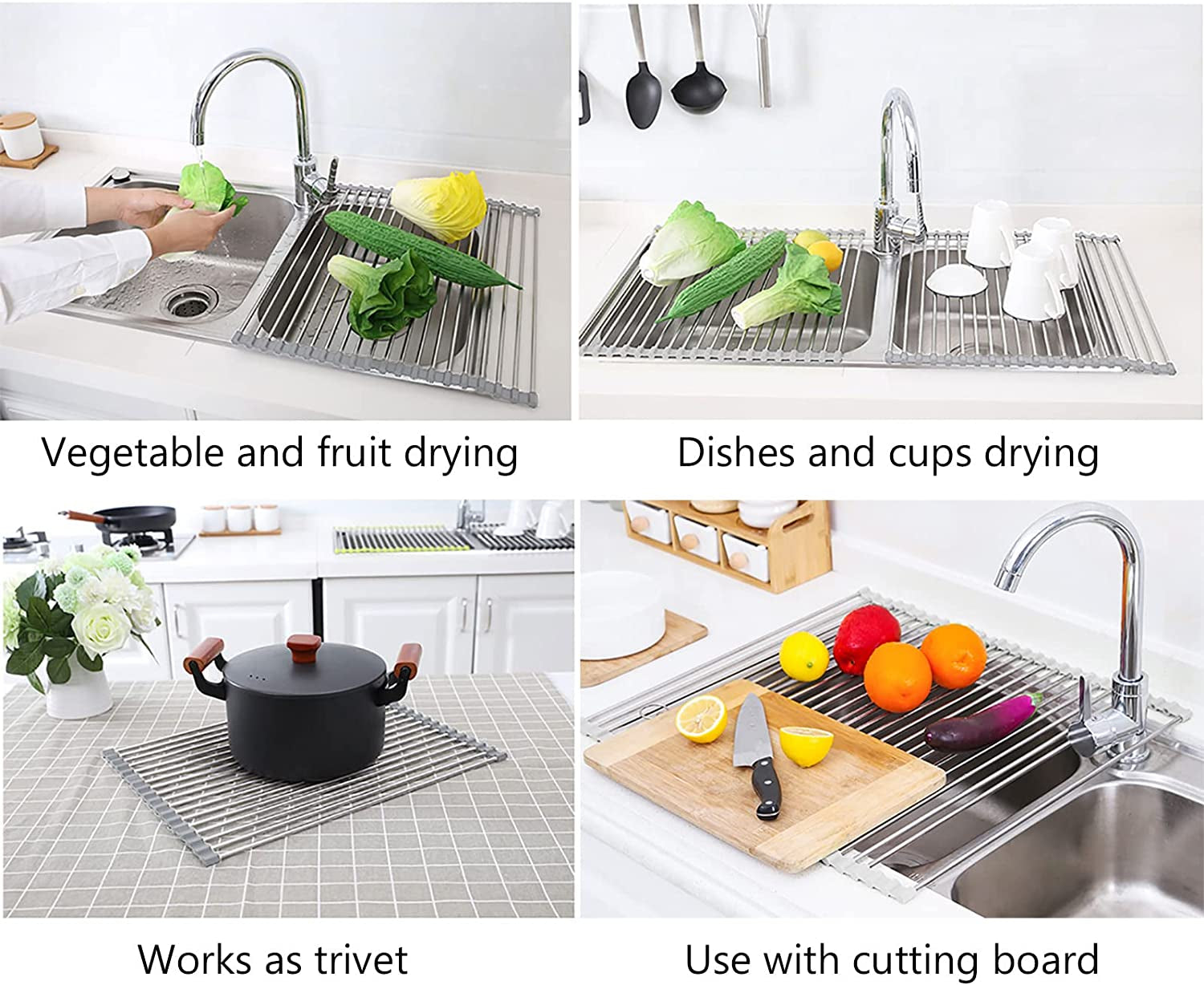 17.7" X 15.5" Roll up Dish Drying Rack over Sink Drying Rack Sink Cover Kitchen Sink Accessories Gadget Multipurpose Organizer Foldable Stainless Steel Drainer (Grey)