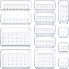 16 PCS Drawer Organizer Set, 5 Varied Size Bathroom and Kitchen Drawer Cabinet Organizer Trays, Clear Storage Bins for Makeup, Jewelry, Utensils and Gadgets