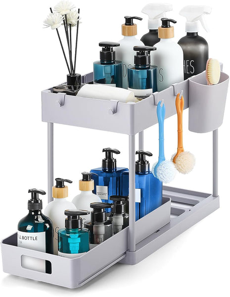 2 Pack Pull Out under Sink Organizer 2 Tier Multi Purpose for Bathroom Kitchen Sink Storage Organizer with Hook & Hanging Cup Matte Black Sliding Cabinet Organizer