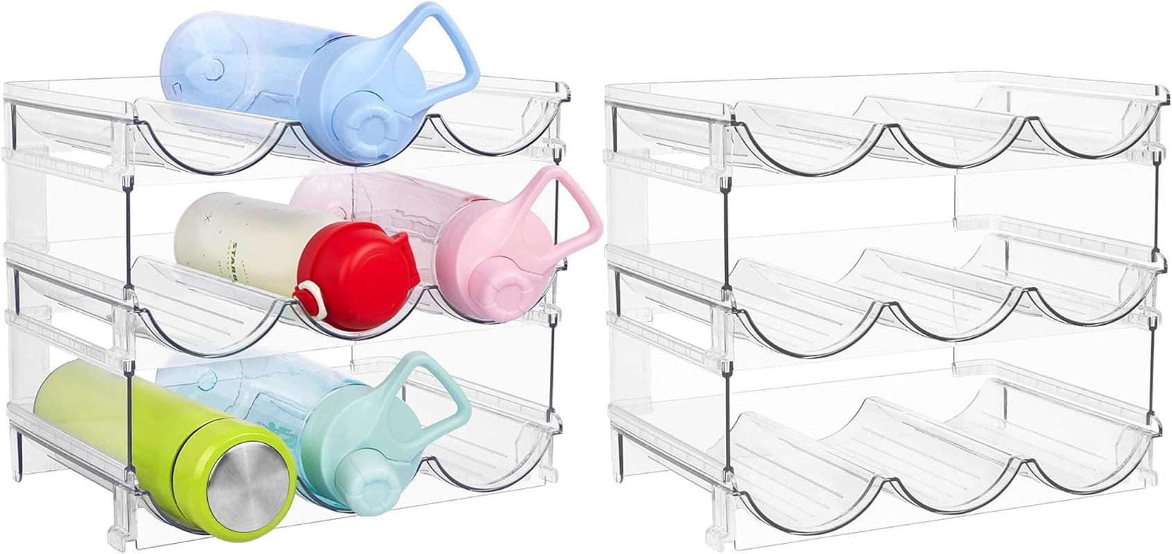 Clear Water Bottle Organizer, 4 Pack Water Bottle Storage Rack Plastic, Stackable Water Bottle Holder, Cup Organizer for Kitchen Cabinet, Countertop, Fridge, Hold 12 Bottles