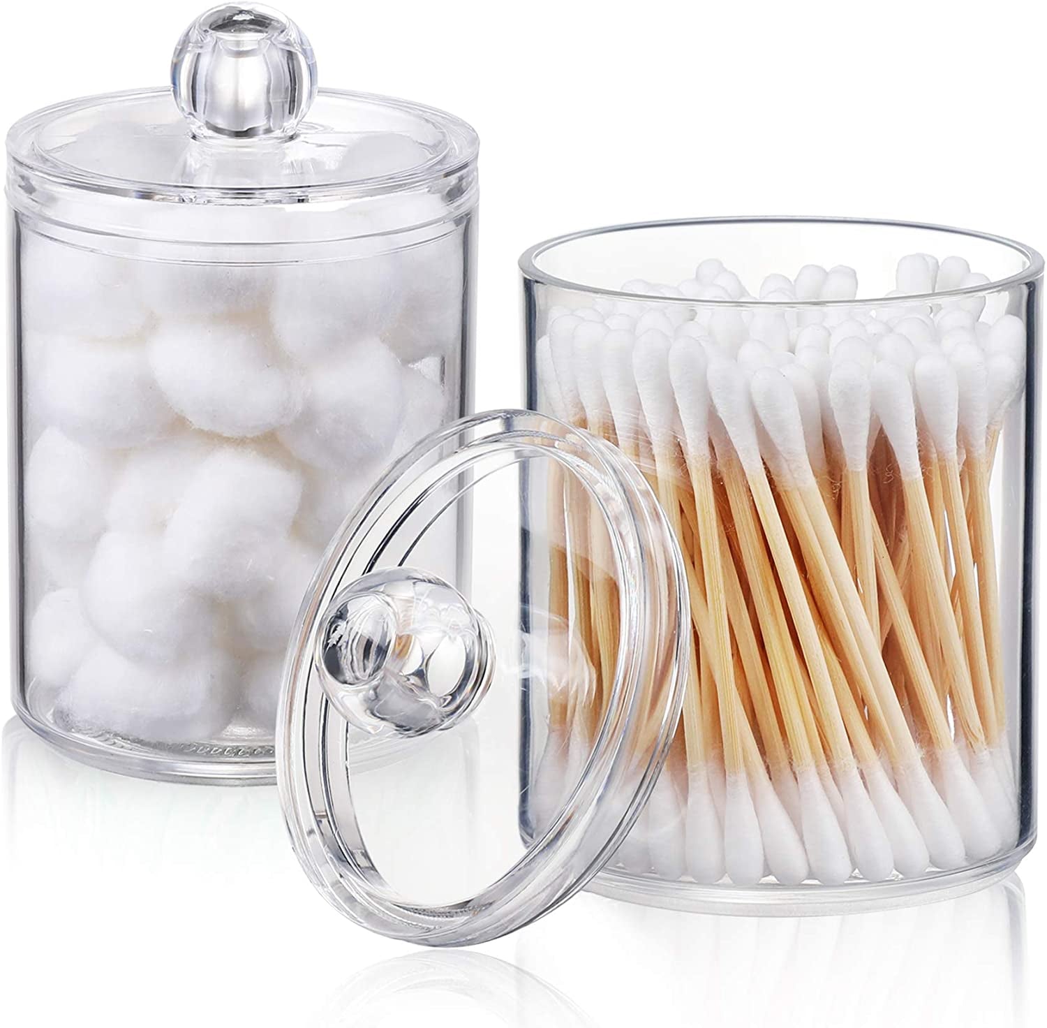 4 PACK Qtip Holder Dispenser for Cotton Ball, Cotton Swab, Cotton round Pads, Floss Picks - 10 Oz Clear Plastic Apothecary Jar Set for Bathroom Canister Storage Organization, Vanity Makeup Organizer
