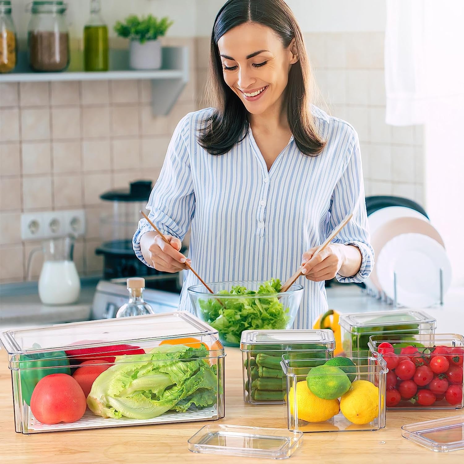 Fridge Organizer, 5Pcs, Clear Refrigerator Organizer with Lid, Bins Set, Stackable, Bpa-Free, Fruit Storage Containers, Plastic Pantry Organizer and Storage