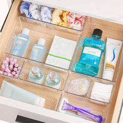 44 PCS Clear Plastic Drawer Organizers Set, 4-Size Versatile Bathroom and Vanity Organizer Trays, Non-Slip Storage Containers for Makeup, Jewelries, Bedroom，Kitchen Utensils and Office