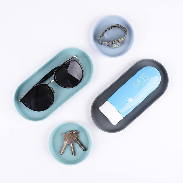 Mini Silicone Trays - Set of 6 Multipurpose Kitchen Accessories, Bathroom Vanity Organizer, Decorative Tray, Desk Organizer, Makeup Organizers - (3 round & 3 Oval) - Blue, Mint, Grey