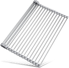 17.7" X 15.5" Roll up Dish Drying Rack over Sink Drying Rack Sink Cover Kitchen Sink Accessories Gadget Multipurpose Organizer Foldable Stainless Steel Drainer (Grey)