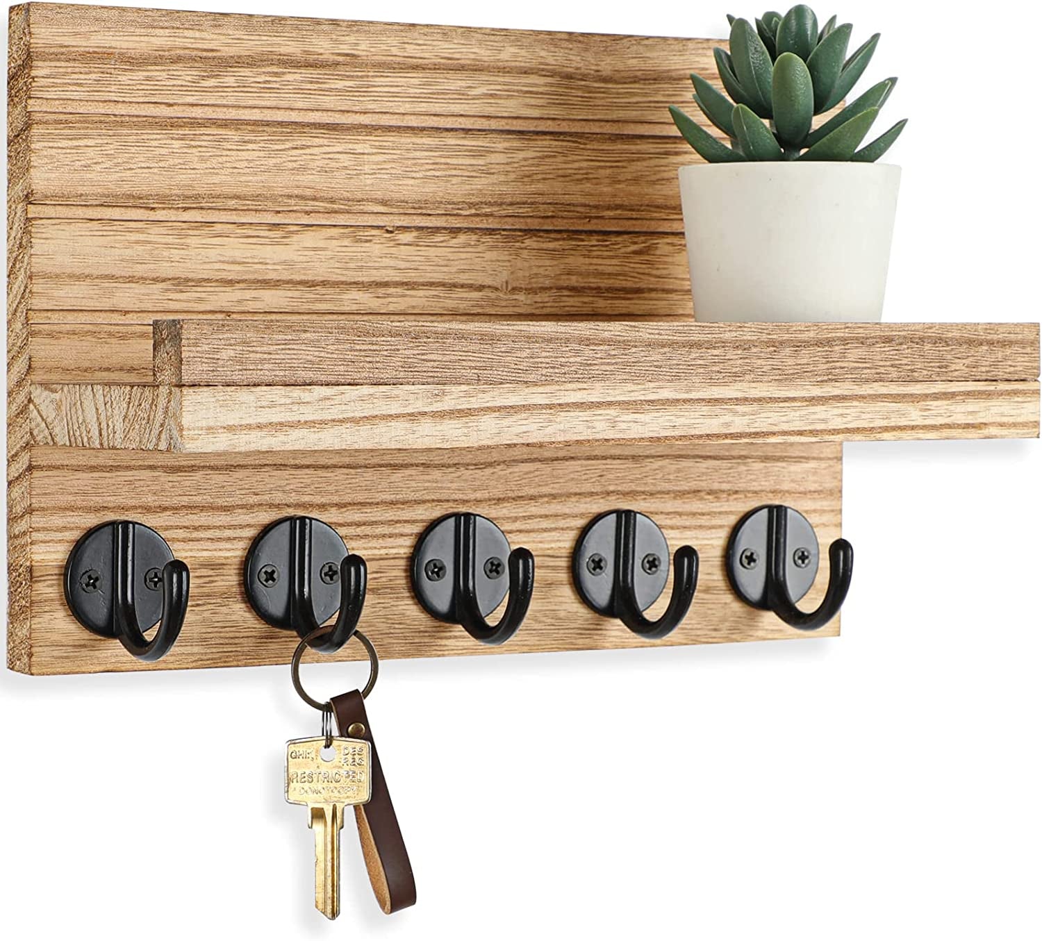 Key Holder for Wall, Decorative Key and Mail Holder with Shelf Has Large Key Hooks for Bags, Coats, Umbrella – Paulownia Wood Key Hanger with Mounting Hardware (9.8”W X 6.7”H X 4.2”D)