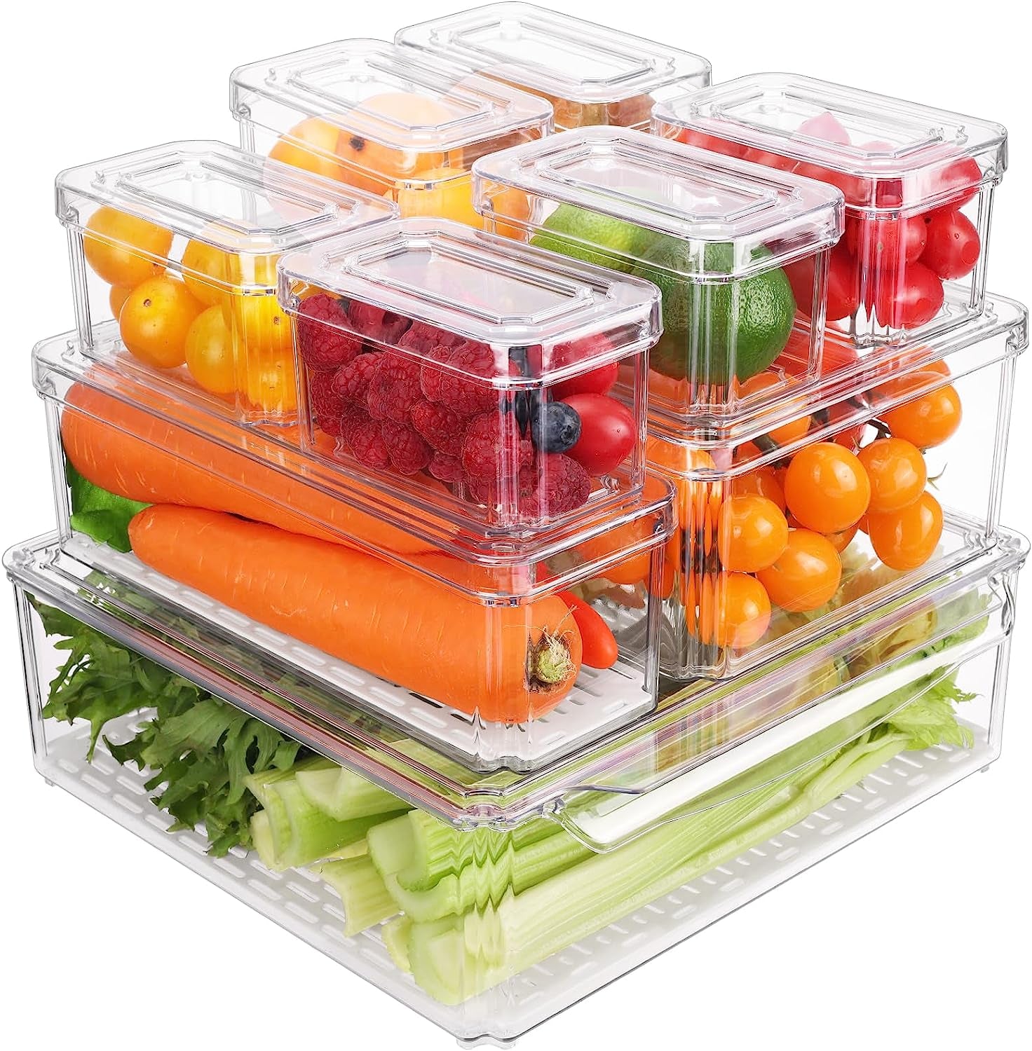 Fridge Organizer, 5Pcs, Clear Refrigerator Organizer with Lid, Bins Set, Stackable, Bpa-Free, Fruit Storage Containers, Plastic Pantry Organizer and Storage