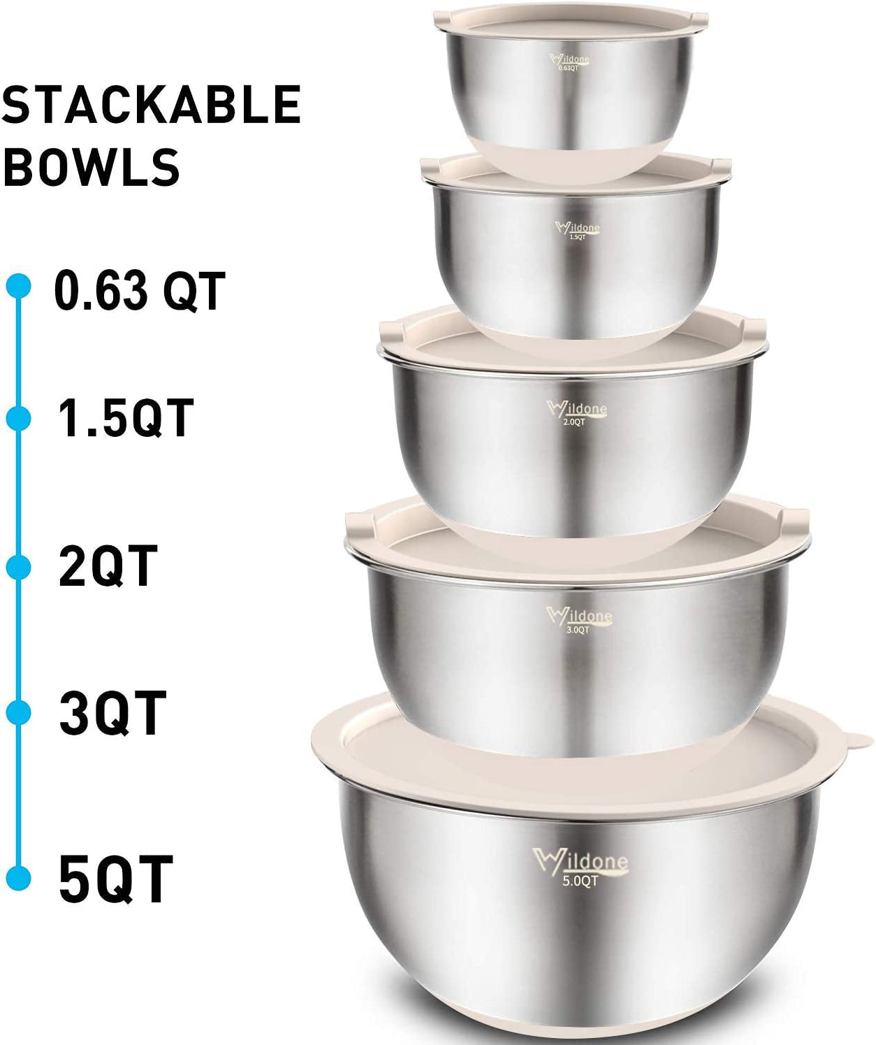 Mixing Bowls Set of 5, Stainless Steel Nesting Bowls with Khaki Lids, 3 Grater Attachments, Measurement Marks & Non-Slip Bottoms, Size 5, 3, 2, 1.5, 0.63 QT, Great for Mixing & Serving