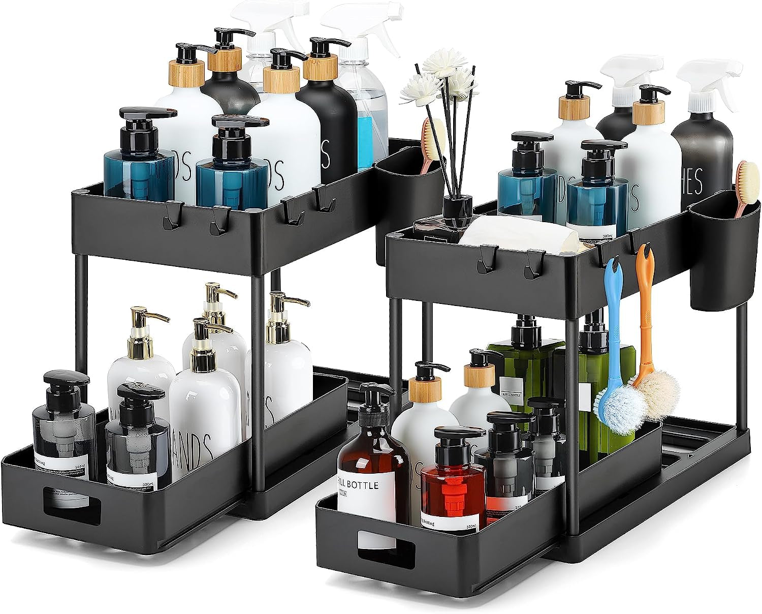 2 Pack Pull Out under Sink Organizer 2 Tier Multi Purpose for Bathroom Kitchen Sink Storage Organizer with Hook & Hanging Cup Matte Black Sliding Cabinet Organizer