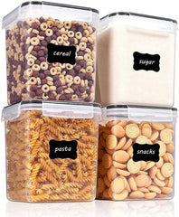 Large Food Storage Containers 5.2L / 176Oz,  4 Pieces BPA Free Plastic Airtight Food Storage Canisters for Flour, Sugar, Baking Supplies, with 4 Measuring Cups and 24 Labels, Black