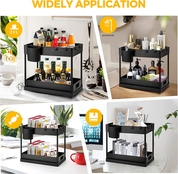 2 Pack Pull Out under Sink Organizer 2 Tier Multi Purpose for Bathroom Kitchen Sink Storage Organizer with Hook & Hanging Cup Matte Black Sliding Cabinet Organizer