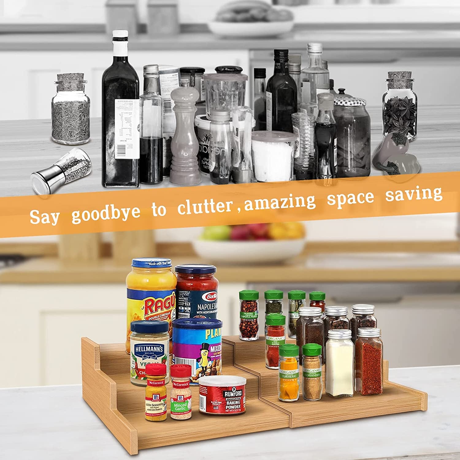 Spice Rack Organizer, 3 Tier Expandable Bamboo Spice Rack Organizer, Great for Kitchen Cabinet, Cupboard, Pantry and More-Bamboo