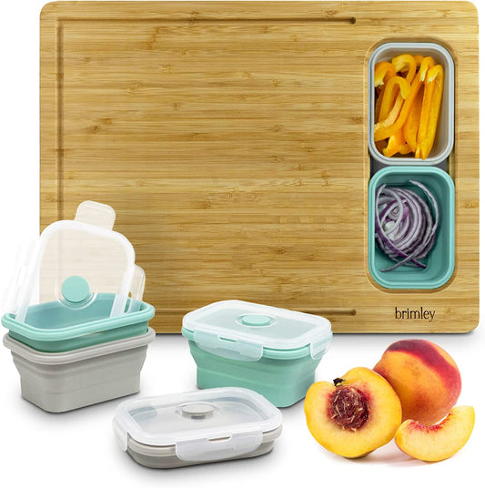 Bamboo Wood Cutting Board - Wooden Cutting Board with Containers and Lids for Food Storage - over Edge Hanging Cutting Boards for Kitchen with Anti-Slip Feet - Home and Kitchen Gadgets