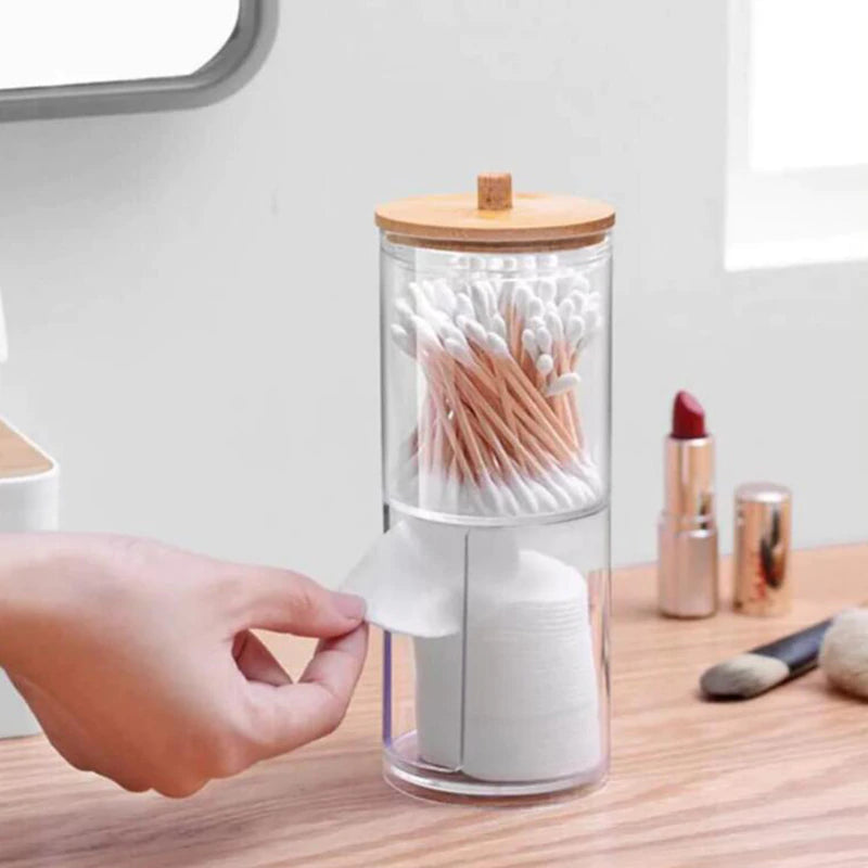 Acrylic Storage Box Bathroom Jar Makeup Organizer Cotton round Pad Holder Cotton Swab Box Qtip Holder Dispenser with Bamboo Lid