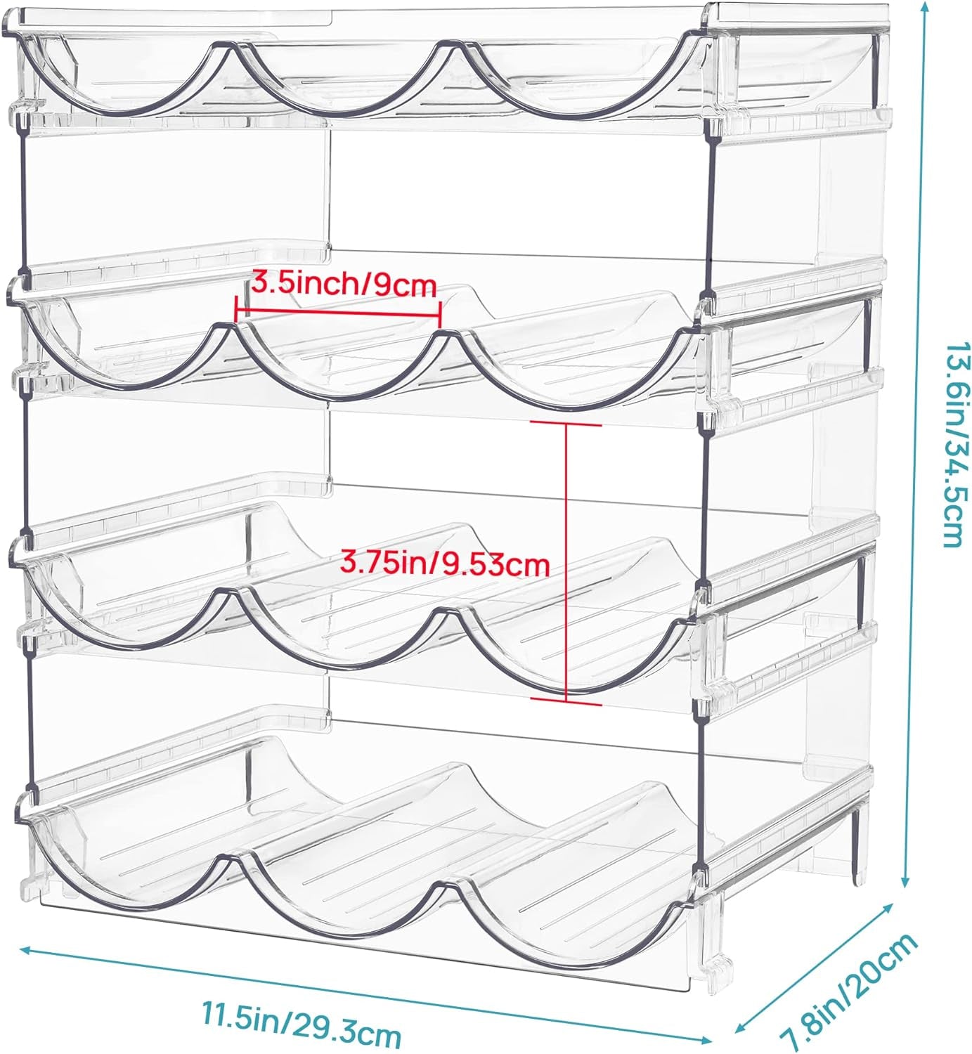 Clear Water Bottle Organizer, 4 Pack Water Bottle Storage Rack Plastic, Stackable Water Bottle Holder, Cup Organizer for Kitchen Cabinet, Countertop, Fridge, Hold 12 Bottles