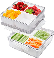2Pack Serving Trays for Party Divided Veggie Tray with Lid Sealed Sectioned Fruit Snack Serving Platter Vegetable Storage with 4 Compartments Snackle Box Charcuterie Container Fridge Organizer
