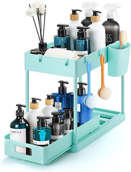 2 Pack Pull Out under Sink Organizer 2 Tier Multi Purpose for Bathroom Kitchen Sink Storage Organizer with Hook & Hanging Cup Matte Black Sliding Cabinet Organizer