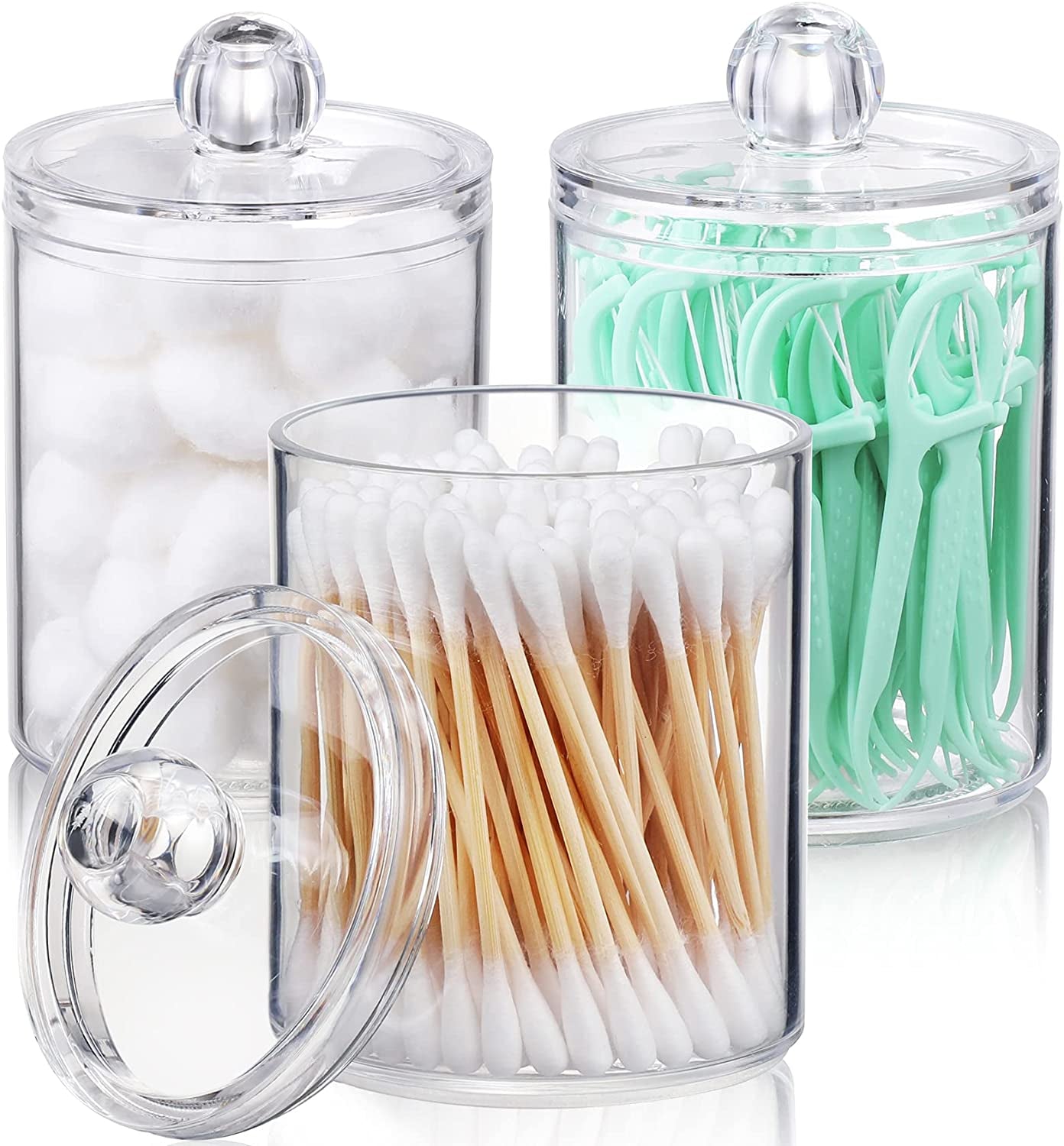 4 PACK Qtip Holder Dispenser for Cotton Ball, Cotton Swab, Cotton round Pads, Floss Picks - 10 Oz Clear Plastic Apothecary Jar Set for Bathroom Canister Storage Organization, Vanity Makeup Organizer