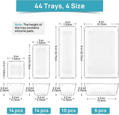 44 PCS Clear Plastic Drawer Organizers Set, 4-Size Versatile Bathroom and Vanity Organizer Trays, Non-Slip Storage Containers for Makeup, Jewelries, Bedroom，Kitchen Utensils and Office