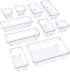 16 PCS Drawer Organizer Set, 5 Varied Size Bathroom and Kitchen Drawer Cabinet Organizer Trays, Clear Storage Bins for Makeup, Jewelry, Utensils and Gadgets