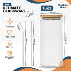 Glass Cups - Glass Cups with Lids and Straws - 16Oz Iced Coffee Cup 4Pcs Set - Glass Tumbler with Straw and Lid - Glass Coffee Cups - Ice Coffee Cup - Glass Cups with Bamboo Lids