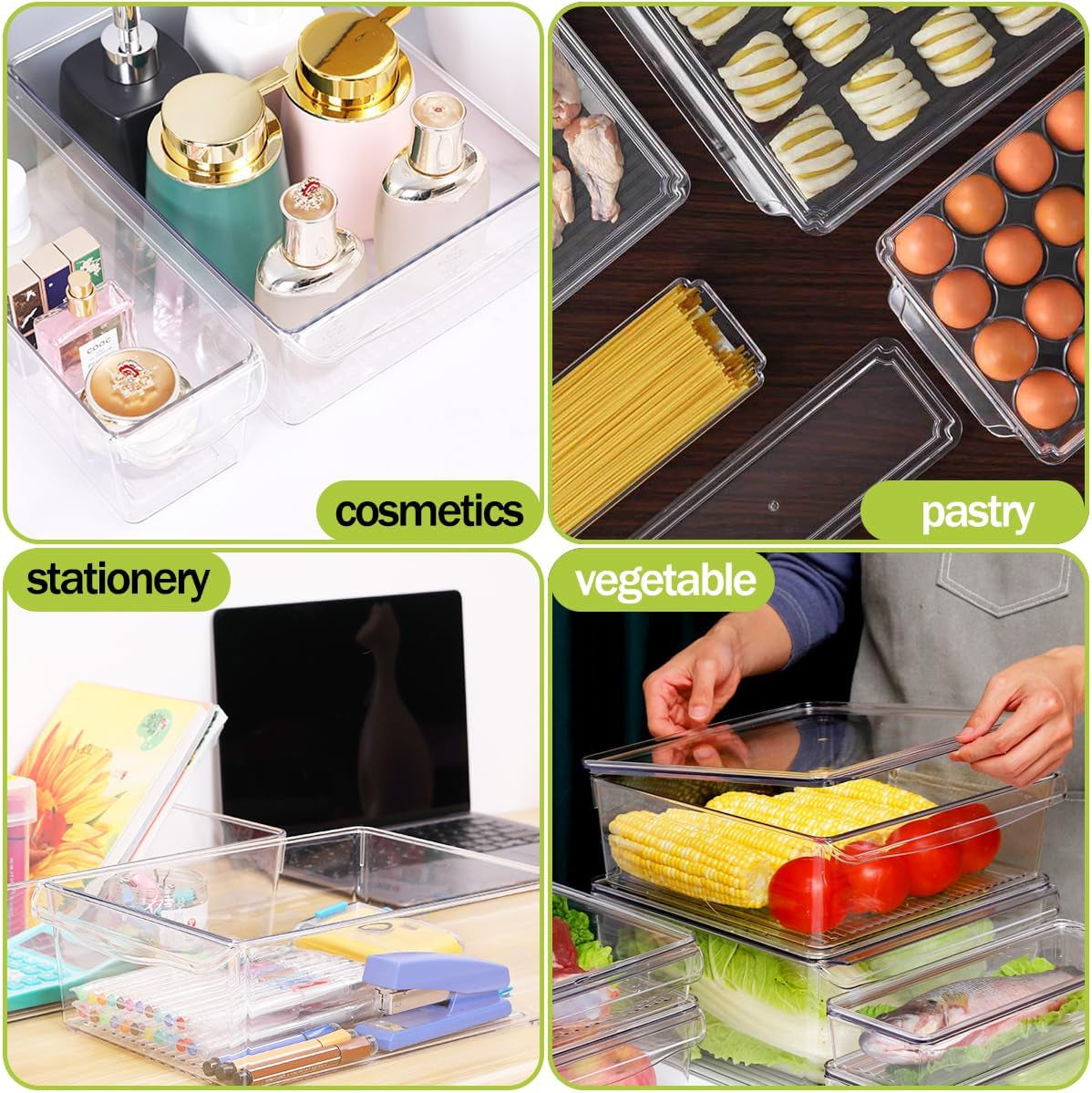 Refrigerator Organizer Bins with Lids, 10 Pack Stackable Fridge Organization, Clear Plastic Pantry Food Storage Bins, Vegetable Fruit Storage Containers for Kitchen, Cabinets, Fridge