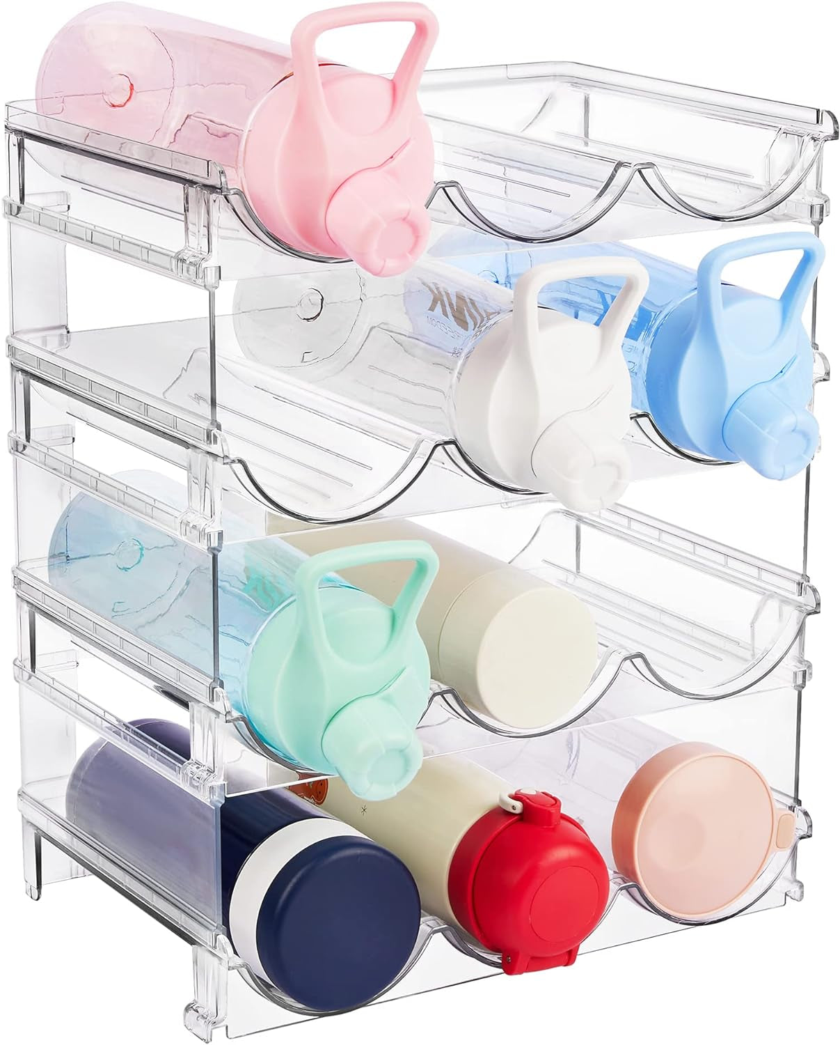 Clear Water Bottle Organizer, 4 Pack Water Bottle Storage Rack Plastic, Stackable Water Bottle Holder, Cup Organizer for Kitchen Cabinet, Countertop, Fridge, Hold 12 Bottles