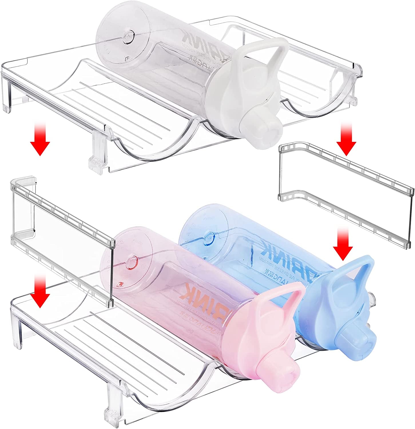 Clear Water Bottle Organizer, 4 Pack Water Bottle Storage Rack Plastic, Stackable Water Bottle Holder, Cup Organizer for Kitchen Cabinet, Countertop, Fridge, Hold 12 Bottles