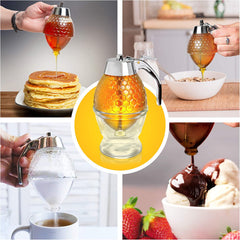 Honey Dispenser No Drip Glass - Honey Container - Maple Glass Syrup Dispenser - Beautiful Honey Comb Shaped Honey Pot - Glass Honey Jar with Stand - Great Bee Decor - Honey Containers