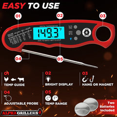 Instant Read Meat Thermometer for Grill and Cooking. Best Waterproof Ultra Fast Thermometer with Backlight & Calibration. Digital Food Probe for Kitchen, Outdoor Grilling and BBQ!